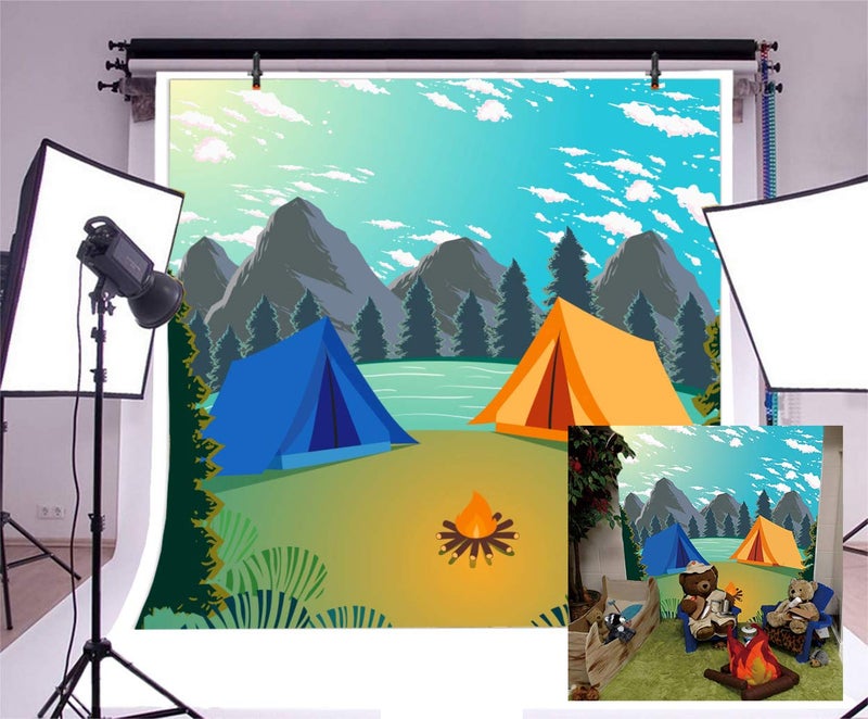 Laeacco Summer Island Camp Backdrop 6.5x6.5ft Outdoors Photography Background Mountains and Waters Camping Travel Trees Cartoon Backdrops Children Boy Adult Photo Baby Shower Backdrop Birthday Decor - Image 1